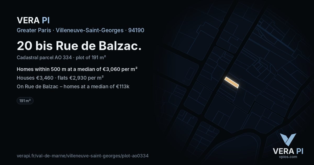 20 bis Rue de Balzac, Villeneuve-Saint-Georges at night – the plot lit, the parcels around coloured by the prices near them