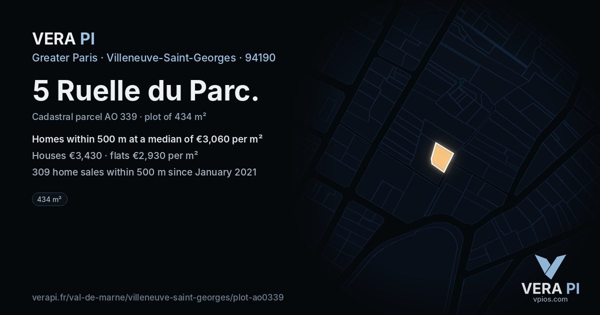5 Ruelle du Parc, Villeneuve-Saint-Georges at night – the plot lit, the parcels around coloured by the prices near them