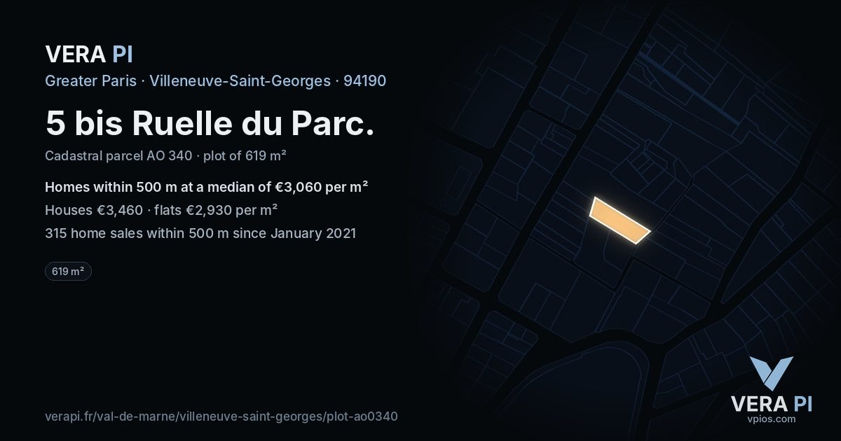 5 bis Ruelle du Parc, Villeneuve-Saint-Georges at night – the plot lit, the parcels around coloured by the prices near them