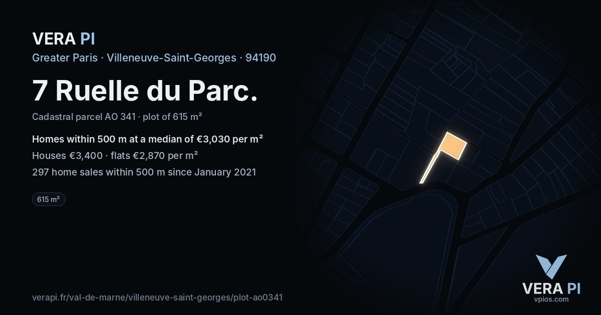 7 Ruelle du Parc, Villeneuve-Saint-Georges at night – the plot lit, the parcels around coloured by the prices near them