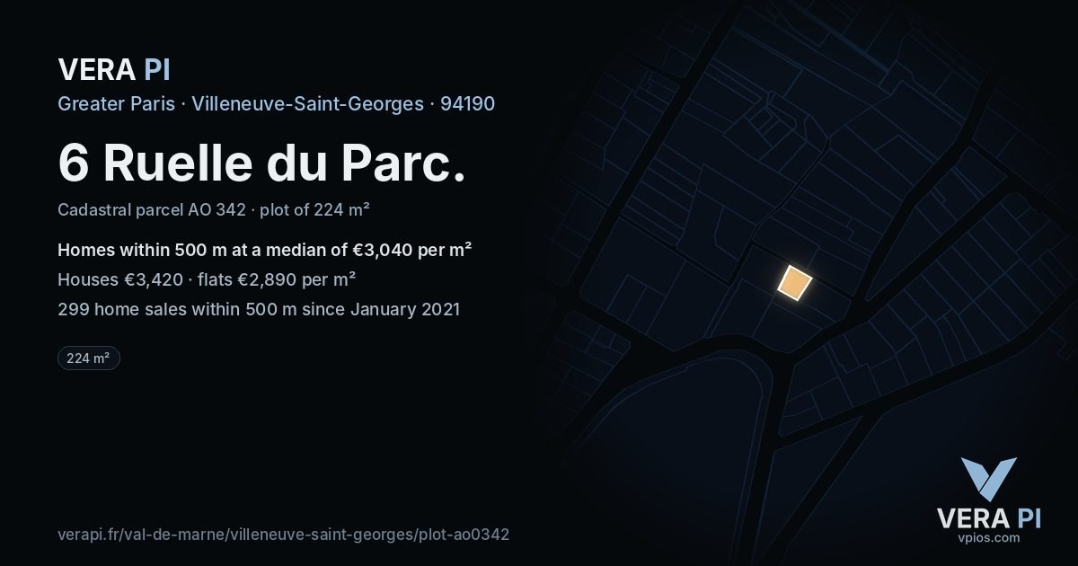 6 Ruelle du Parc, Villeneuve-Saint-Georges at night – the plot lit, the parcels around coloured by the prices near them