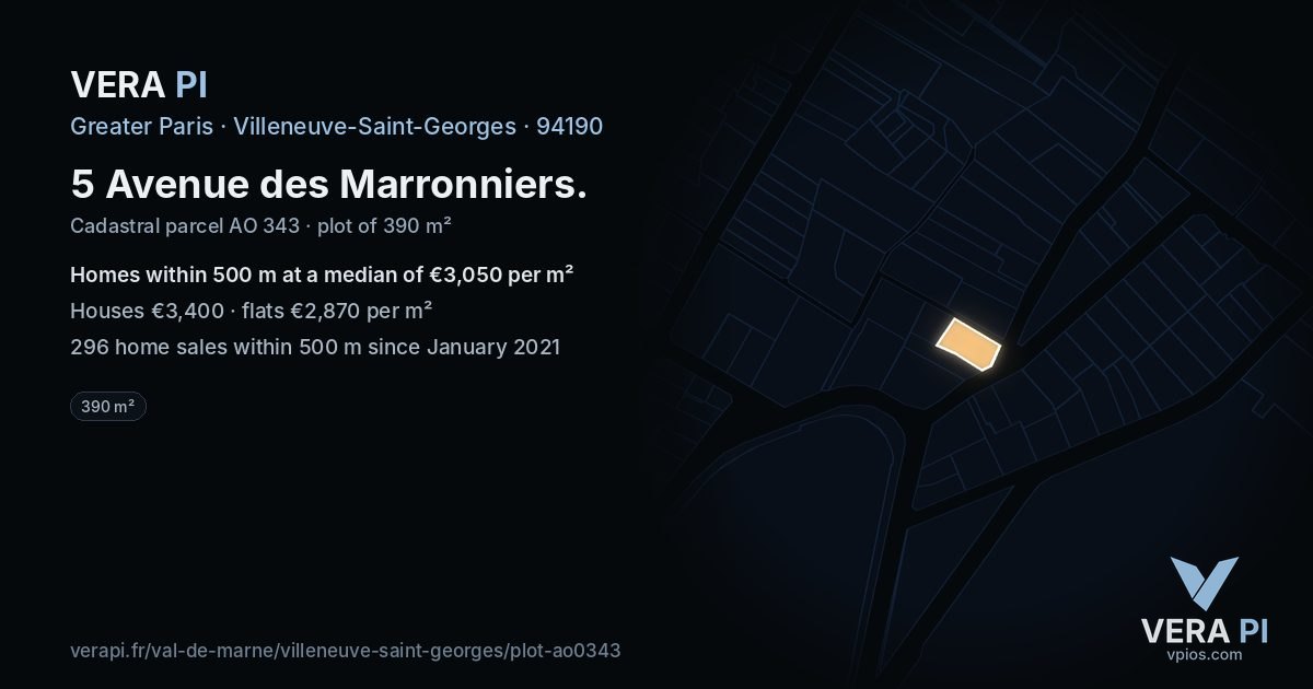 5 Avenue des Marronniers, Villeneuve-Saint-Georges at night – the plot lit, the parcels around coloured by the prices near them