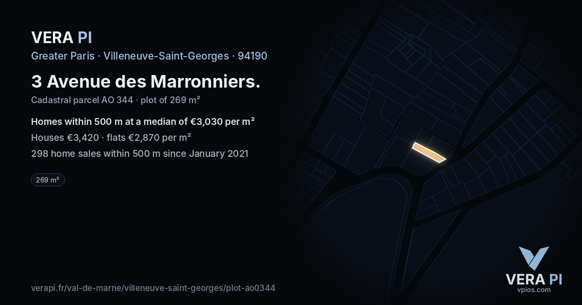 3 Avenue des Marronniers, Villeneuve-Saint-Georges at night – the plot lit, the parcels around coloured by the prices near them