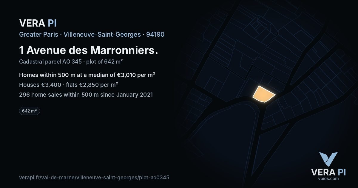 1 Avenue des Marronniers, Villeneuve-Saint-Georges at night – the plot lit, the parcels around coloured by the prices near them