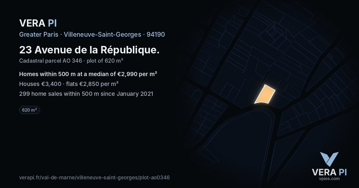 23 Avenue de la République, Villeneuve-Saint-Georges at night – the plot lit, the parcels around coloured by the prices near them
