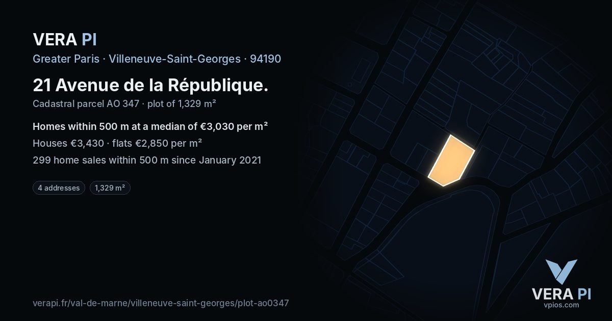 21 Avenue de la République, Villeneuve-Saint-Georges at night – the plot lit, the parcels around coloured by the prices near them
