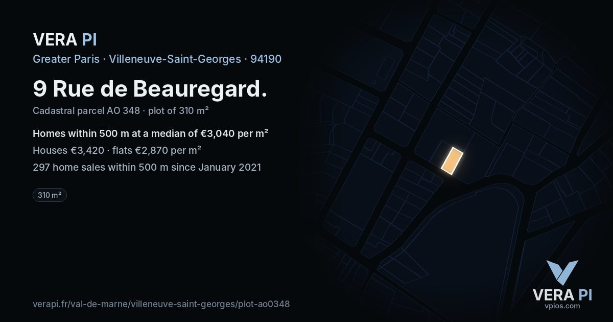 9 Rue de Beauregard, Villeneuve-Saint-Georges at night – the plot lit, the parcels around coloured by the prices near them