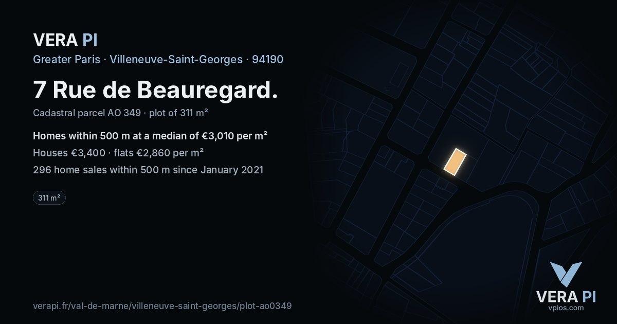 7 Rue de Beauregard, Villeneuve-Saint-Georges at night – the plot lit, the parcels around coloured by the prices near them