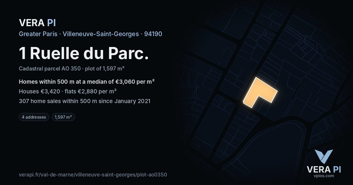 1 Ruelle du Parc, Villeneuve-Saint-Georges at night – the plot lit, the parcels around coloured by the prices near them