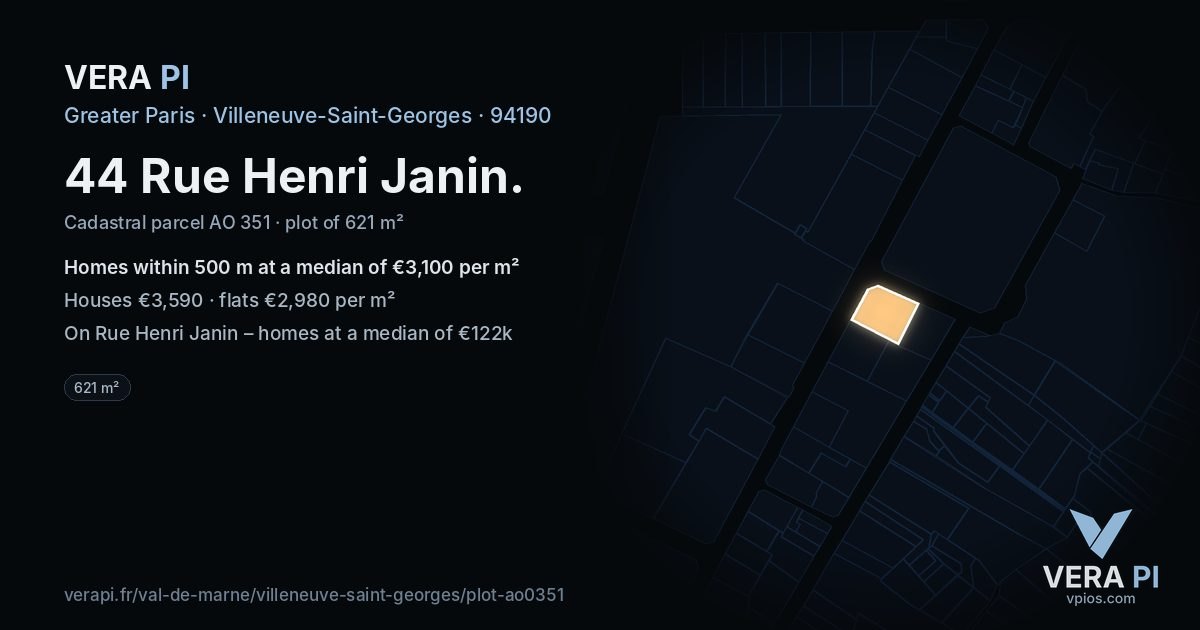 44 Rue Henri Janin, Villeneuve-Saint-Georges at night – the plot lit, the parcels around coloured by the prices near them