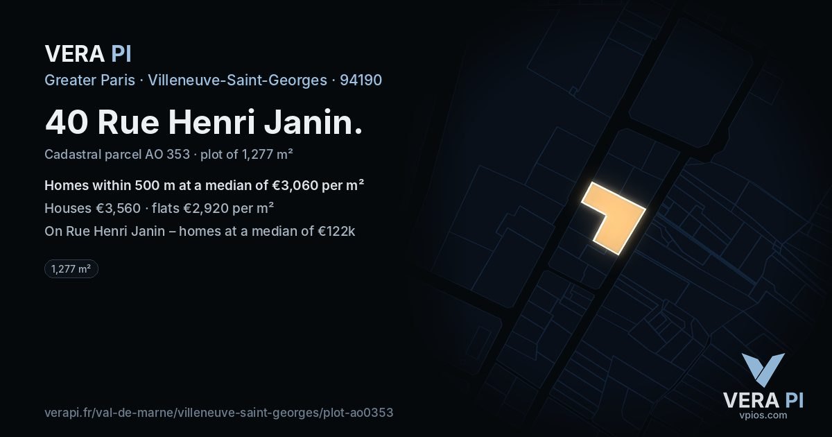 40 Rue Henri Janin, Villeneuve-Saint-Georges at night – the plot lit, the parcels around coloured by the prices near them
