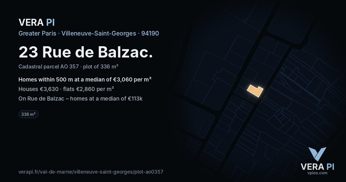 23 Rue de Balzac, Villeneuve-Saint-Georges at night – the plot lit, the parcels around coloured by the prices near them