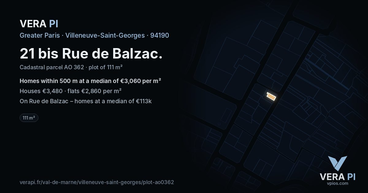 21 bis Rue de Balzac, Villeneuve-Saint-Georges at night – the plot lit, the parcels around coloured by the prices near them