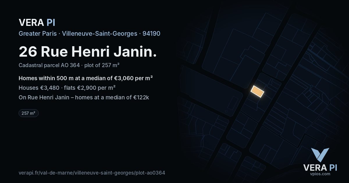26 Rue Henri Janin, Villeneuve-Saint-Georges at night – the plot lit, the parcels around coloured by the prices near them