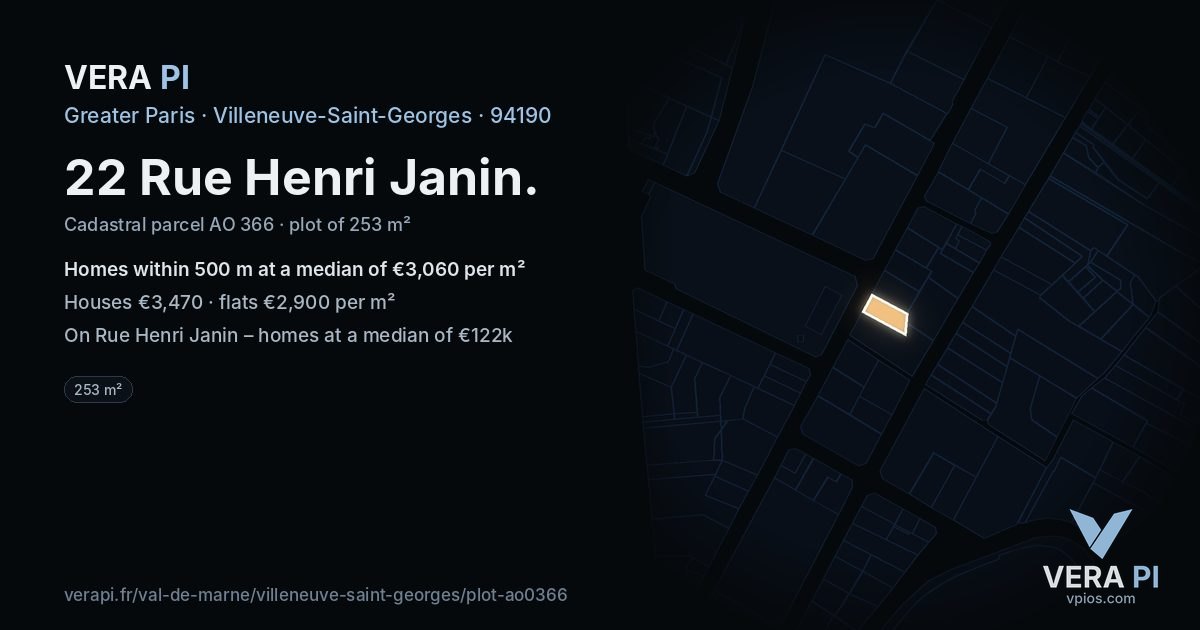22 Rue Henri Janin, Villeneuve-Saint-Georges at night – the plot lit, the parcels around coloured by the prices near them