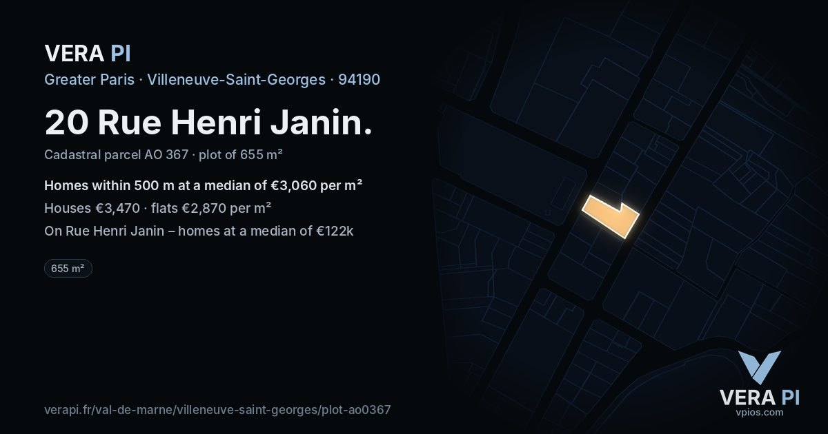 20 Rue Henri Janin, Villeneuve-Saint-Georges at night – the plot lit, the parcels around coloured by the prices near them
