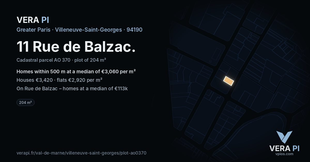 11 Rue de Balzac, Villeneuve-Saint-Georges at night – the plot lit, the parcels around coloured by the prices near them