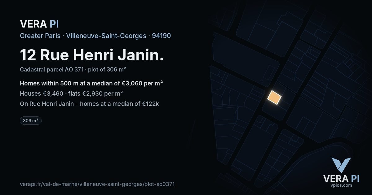 12 Rue Henri Janin, Villeneuve-Saint-Georges at night – the plot lit, the parcels around coloured by the prices near them