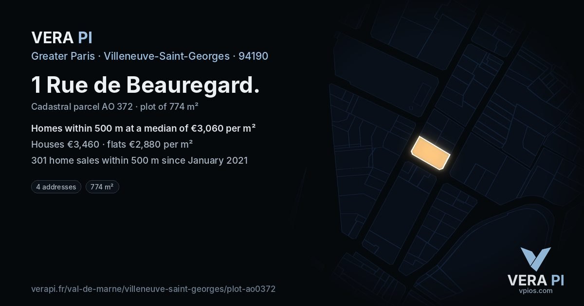 1 Rue de Beauregard, Villeneuve-Saint-Georges at night – the plot lit, the parcels around coloured by the prices near them