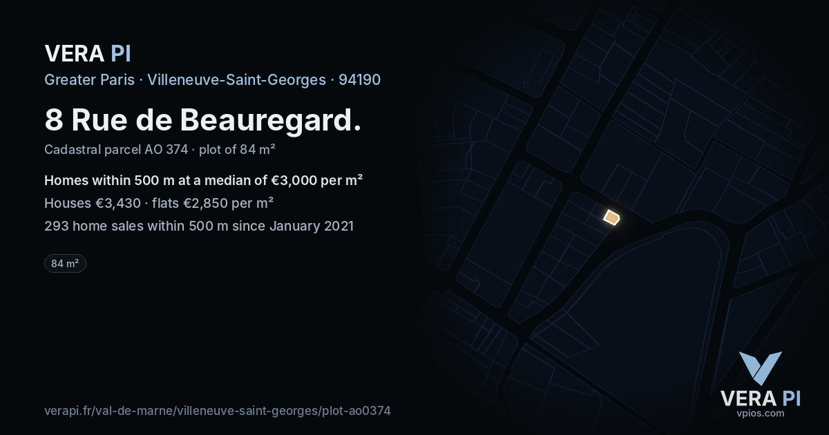 8 Rue de Beauregard, Villeneuve-Saint-Georges at night – the plot lit, the parcels around coloured by the prices near them