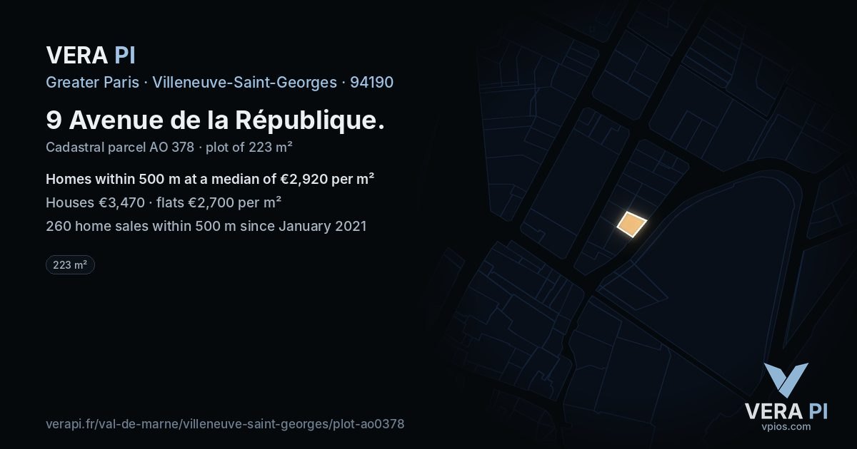 9 Avenue de la République, Villeneuve-Saint-Georges at night – the plot lit, the parcels around coloured by the prices near them