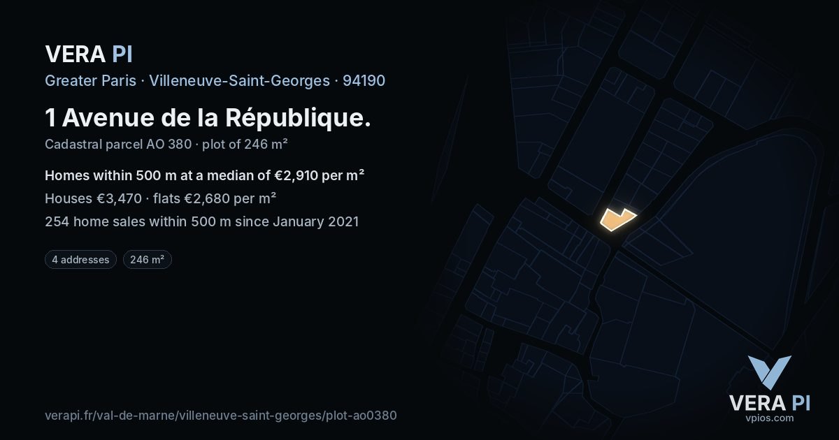 1 Avenue de la République, Villeneuve-Saint-Georges at night – the plot lit, the parcels around coloured by the prices near them