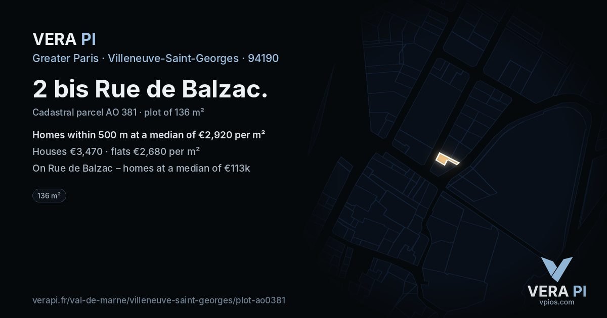 2 bis Rue de Balzac, Villeneuve-Saint-Georges at night – the plot lit, the parcels around coloured by the prices near them