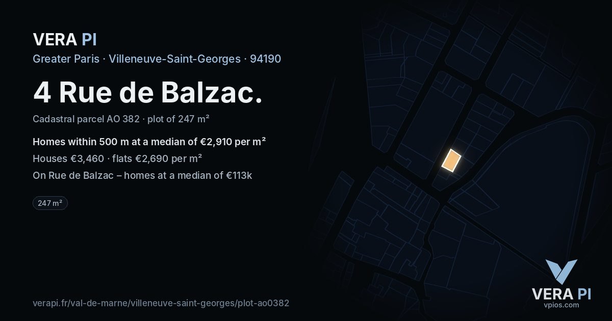 4 Rue de Balzac, Villeneuve-Saint-Georges at night – the plot lit, the parcels around coloured by the prices near them