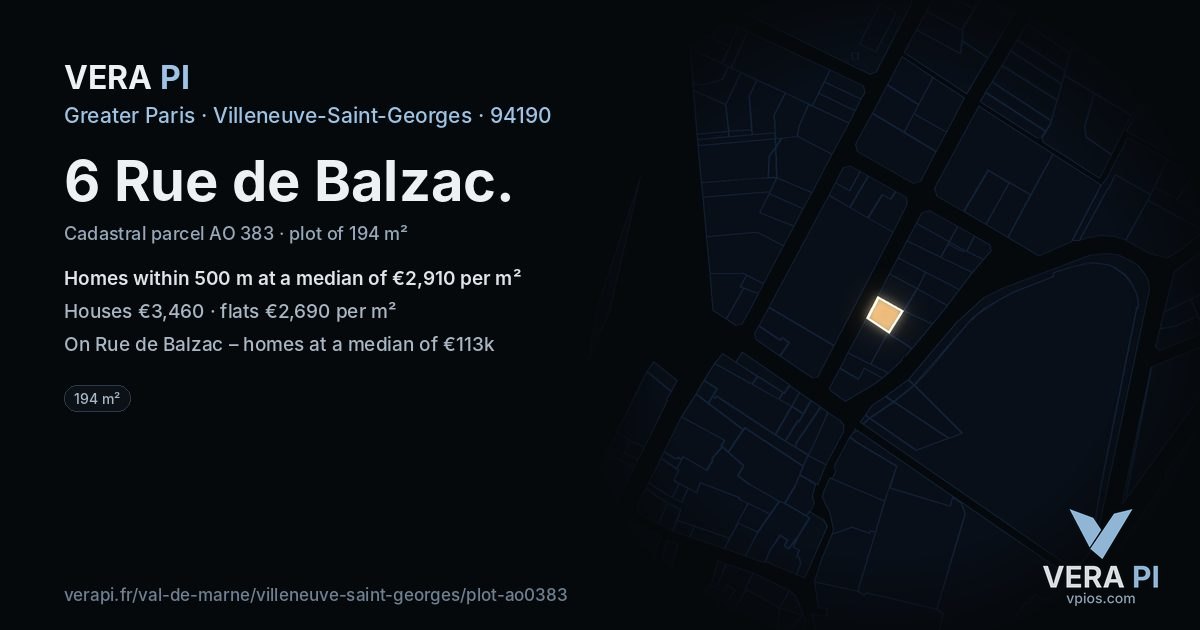 6 Rue de Balzac, Villeneuve-Saint-Georges at night – the plot lit, the parcels around coloured by the prices near them