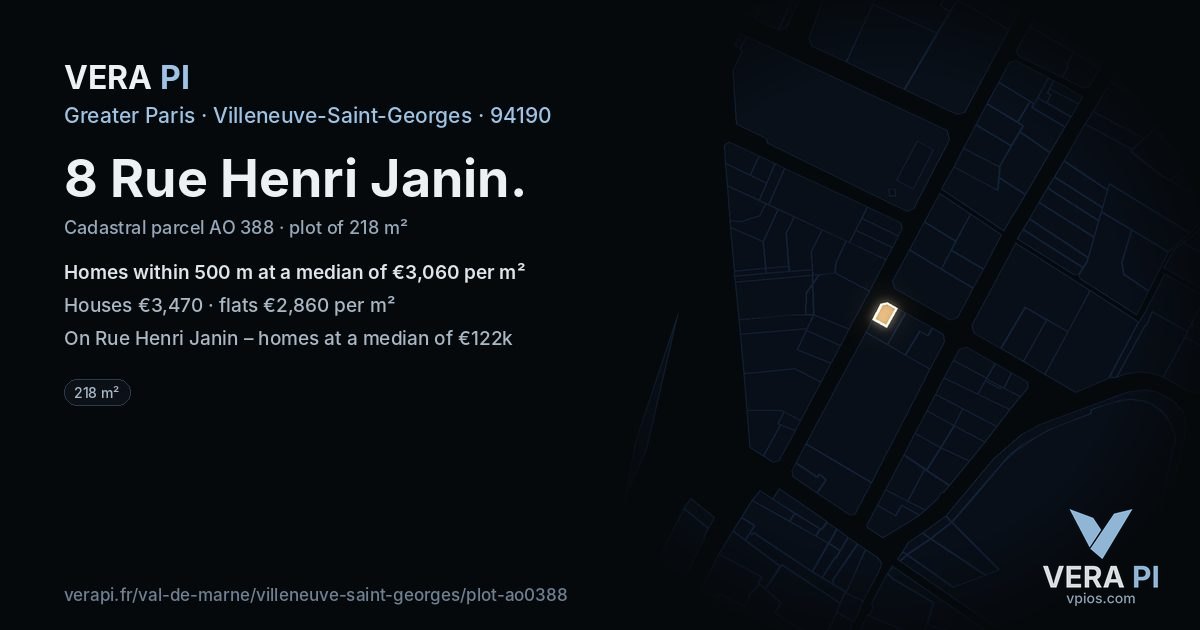 8 Rue Henri Janin, Villeneuve-Saint-Georges at night – the plot lit, the parcels around coloured by the prices near them