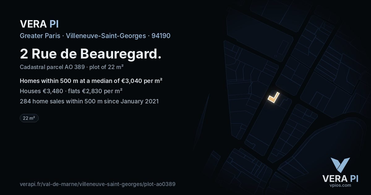 2 Rue de Beauregard, Villeneuve-Saint-Georges at night – the plot lit, the parcels around coloured by the prices near them