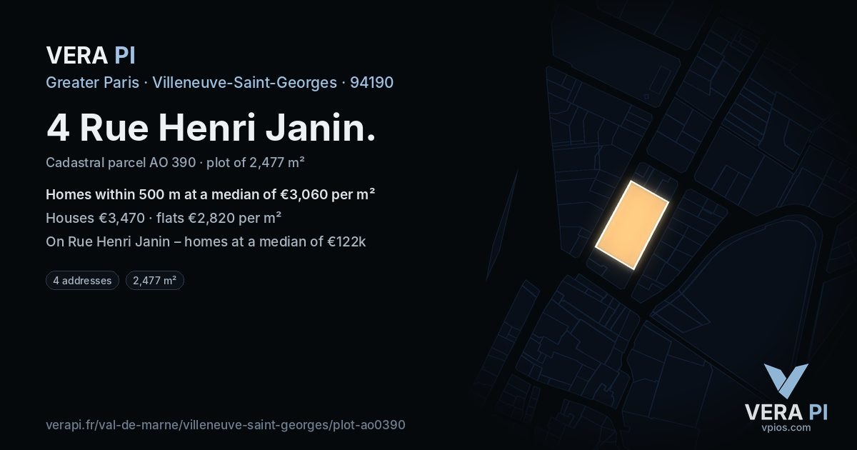 4 Rue Henri Janin, Villeneuve-Saint-Georges at night – the plot lit, the parcels around coloured by the prices near them
