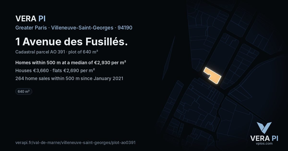 1 Avenue des Fusillés, Villeneuve-Saint-Georges at night – the plot lit, the parcels around coloured by the prices near them