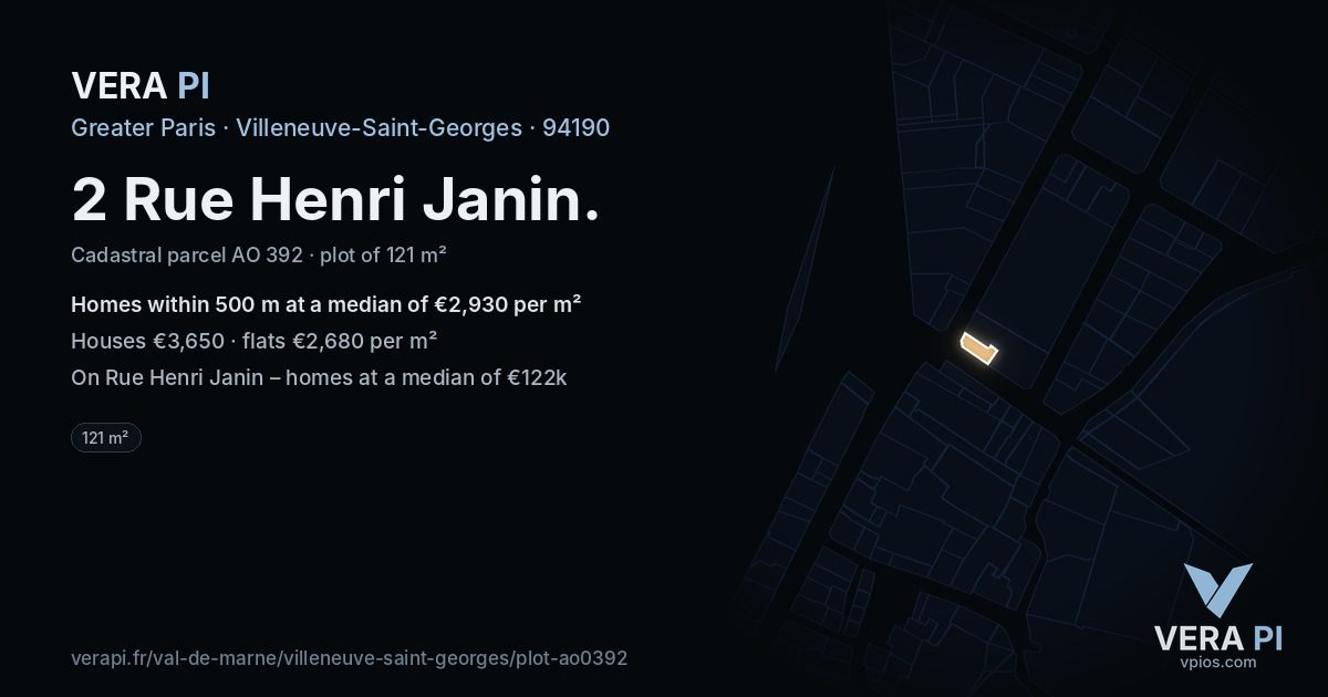 2 Rue Henri Janin, Villeneuve-Saint-Georges at night – the plot lit, the parcels around coloured by the prices near them