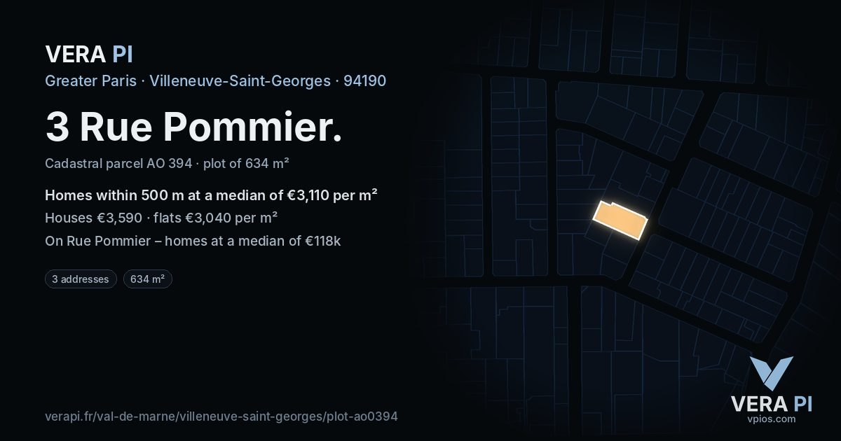 3 Rue Pommier, Villeneuve-Saint-Georges at night – the plot lit, the parcels around coloured by the prices near them