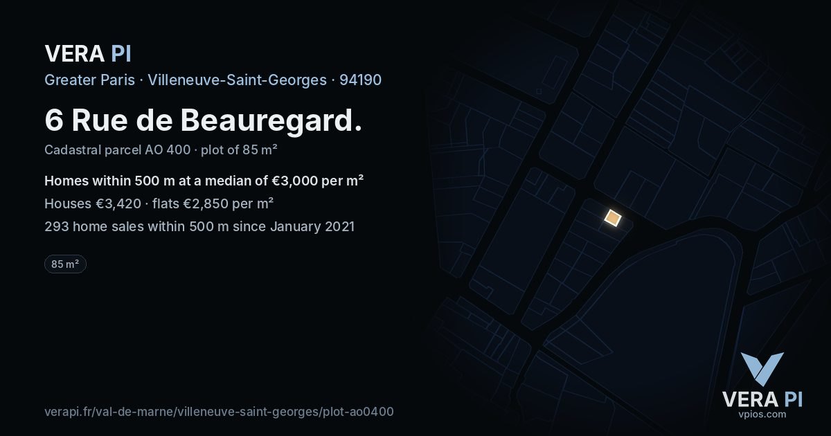 6 Rue de Beauregard, Villeneuve-Saint-Georges at night – the plot lit, the parcels around coloured by the prices near them