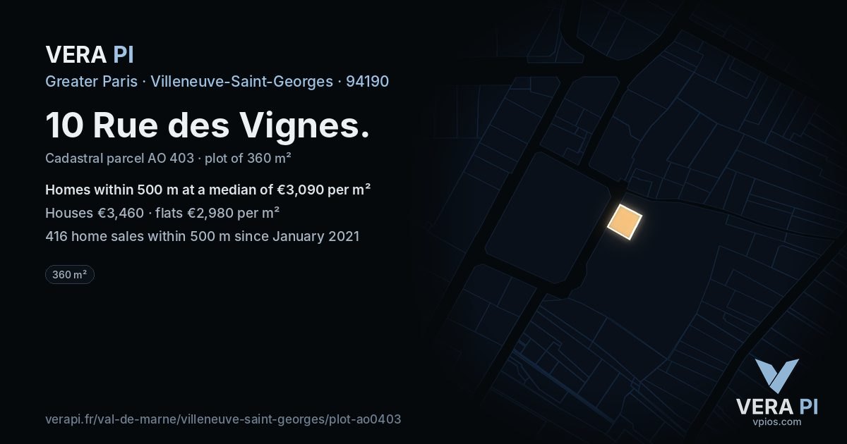 10 Rue des Vignes, Villeneuve-Saint-Georges at night – the plot lit, the parcels around coloured by the prices near them
