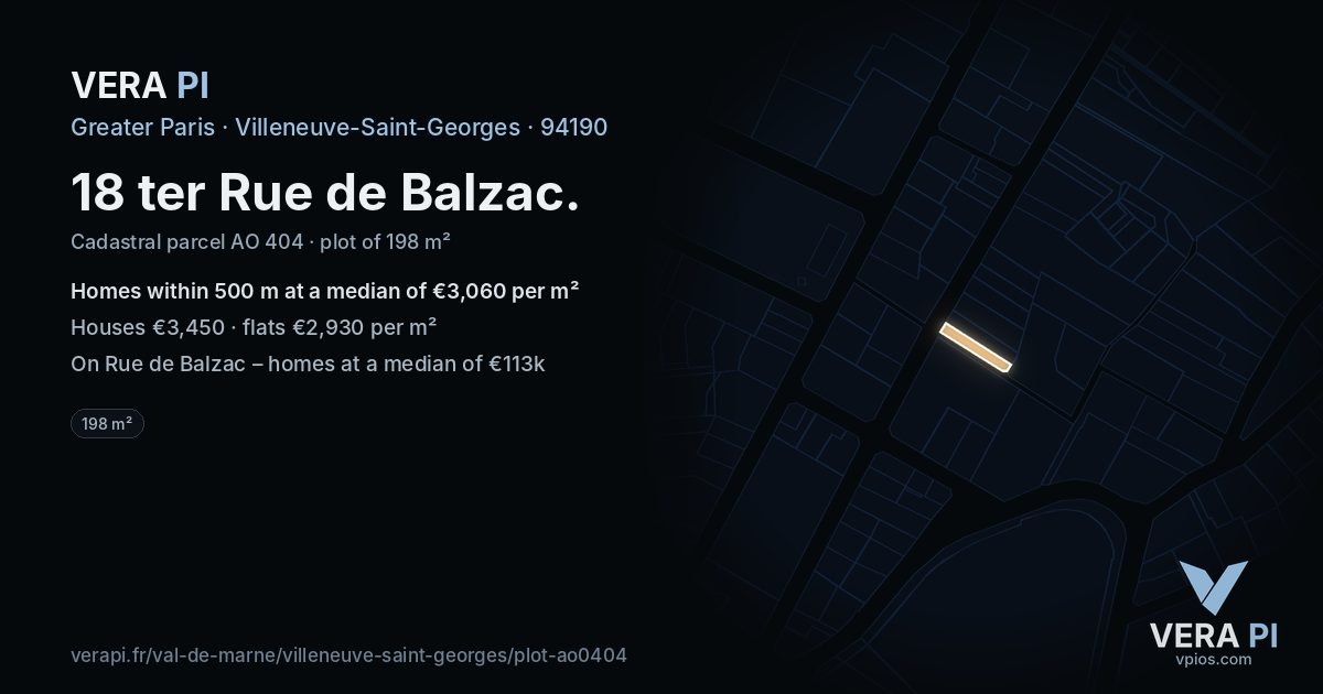 18 ter Rue de Balzac, Villeneuve-Saint-Georges at night – the plot lit, the parcels around coloured by the prices near them