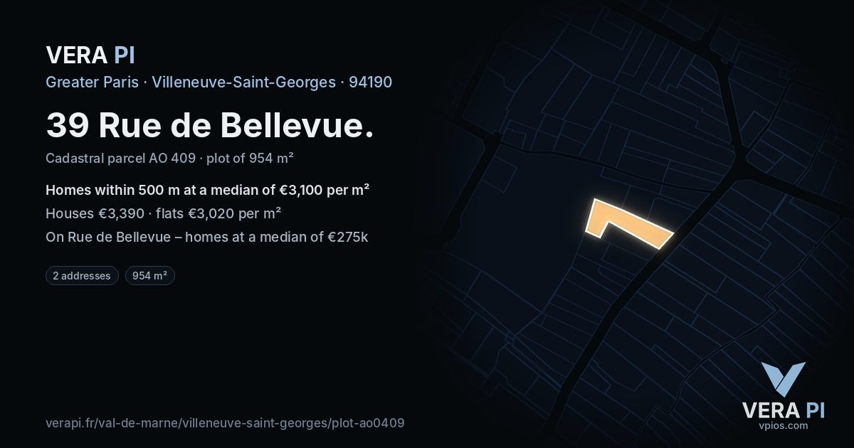 39 Rue de Bellevue, Villeneuve-Saint-Georges at night – the plot lit, the parcels around coloured by the prices near them