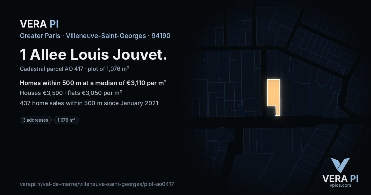 1 Allee Louis Jouvet, Villeneuve-Saint-Georges at night – the plot lit, the parcels around coloured by the prices near them