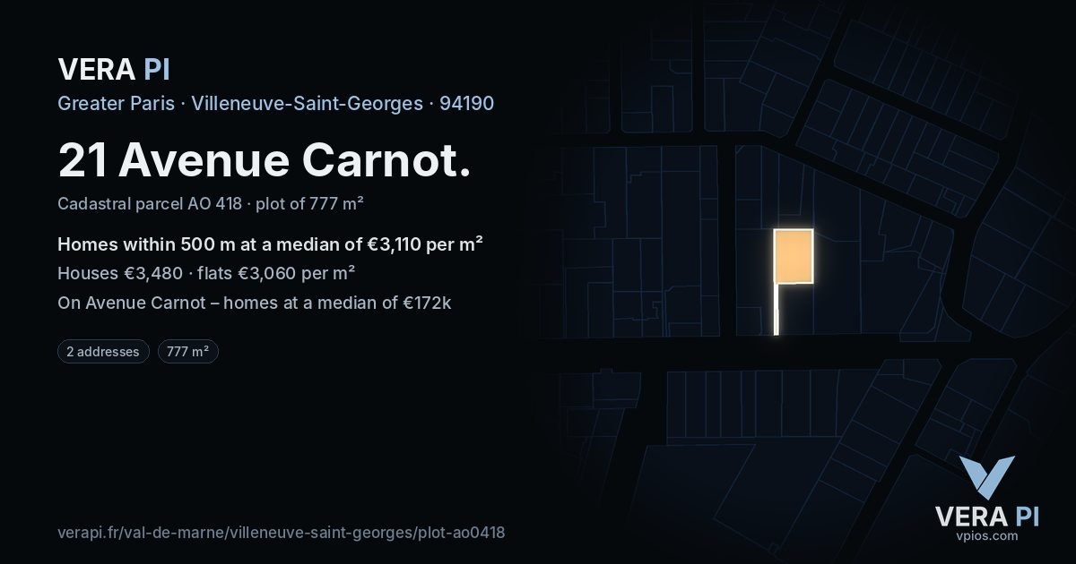 21 Avenue Carnot, Villeneuve-Saint-Georges at night – the plot lit, the parcels around coloured by the prices near them