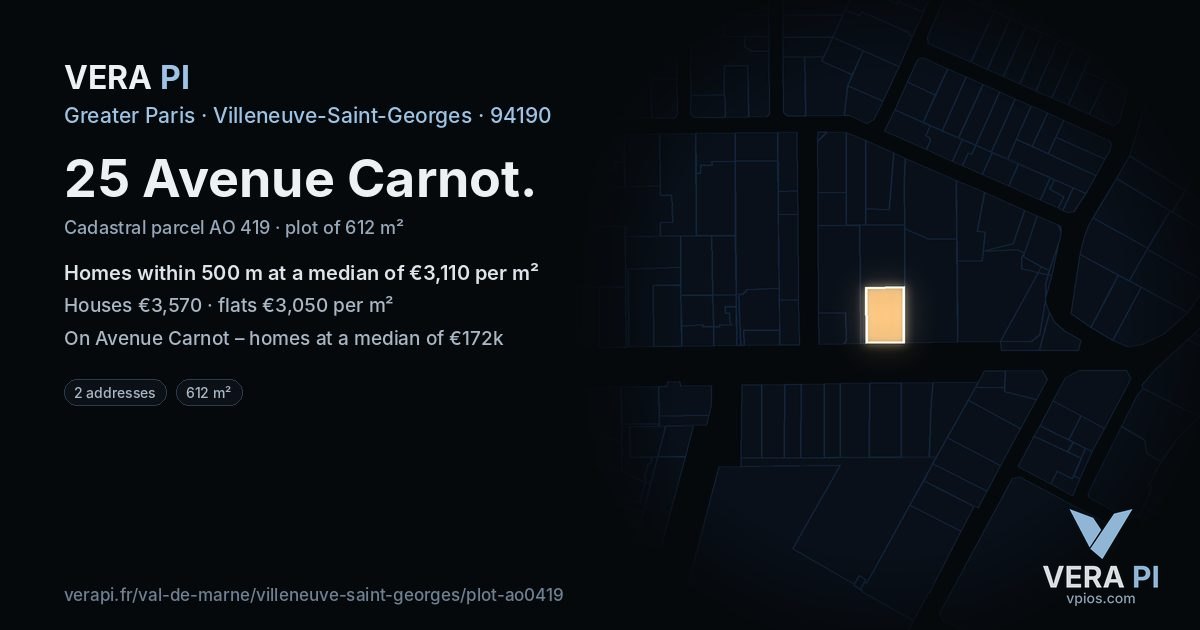 25 Avenue Carnot, Villeneuve-Saint-Georges at night – the plot lit, the parcels around coloured by the prices near them