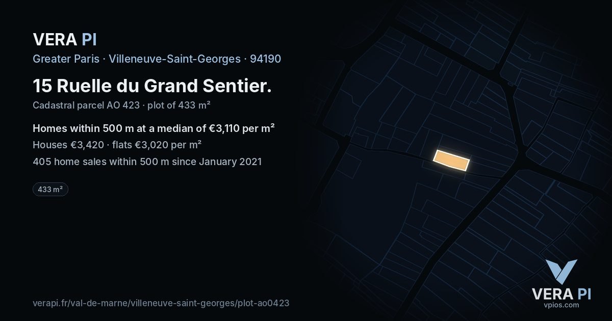 15 Ruelle du Grand Sentier, Villeneuve-Saint-Georges at night – the plot lit, the parcels around coloured by the prices near them