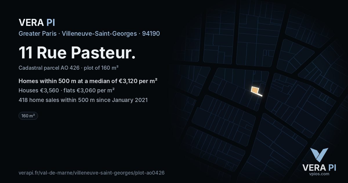 11 Rue Pasteur, Villeneuve-Saint-Georges at night – the plot lit, the parcels around coloured by the prices near them