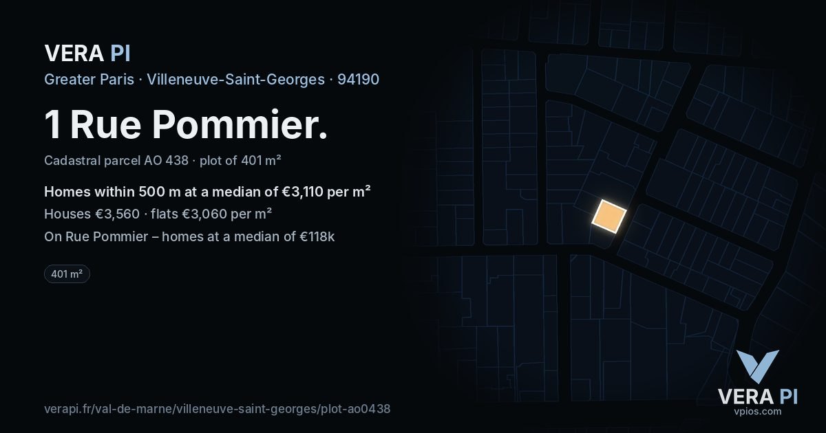 1 Rue Pommier, Villeneuve-Saint-Georges at night – the plot lit, the parcels around coloured by the prices near them