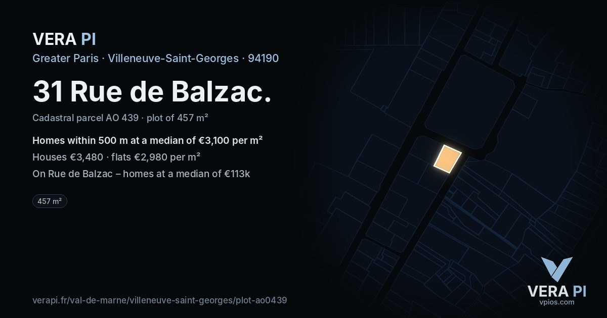 31 Rue de Balzac, Villeneuve-Saint-Georges at night – the plot lit, the parcels around coloured by the prices near them