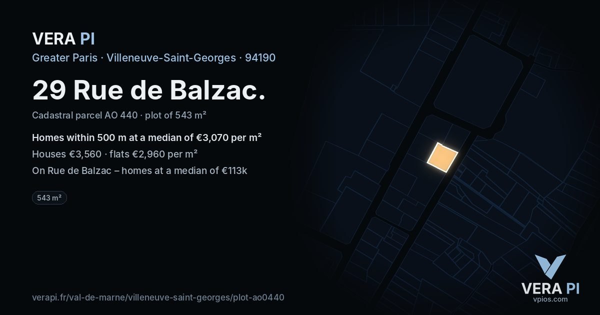 29 Rue de Balzac, Villeneuve-Saint-Georges at night – the plot lit, the parcels around coloured by the prices near them