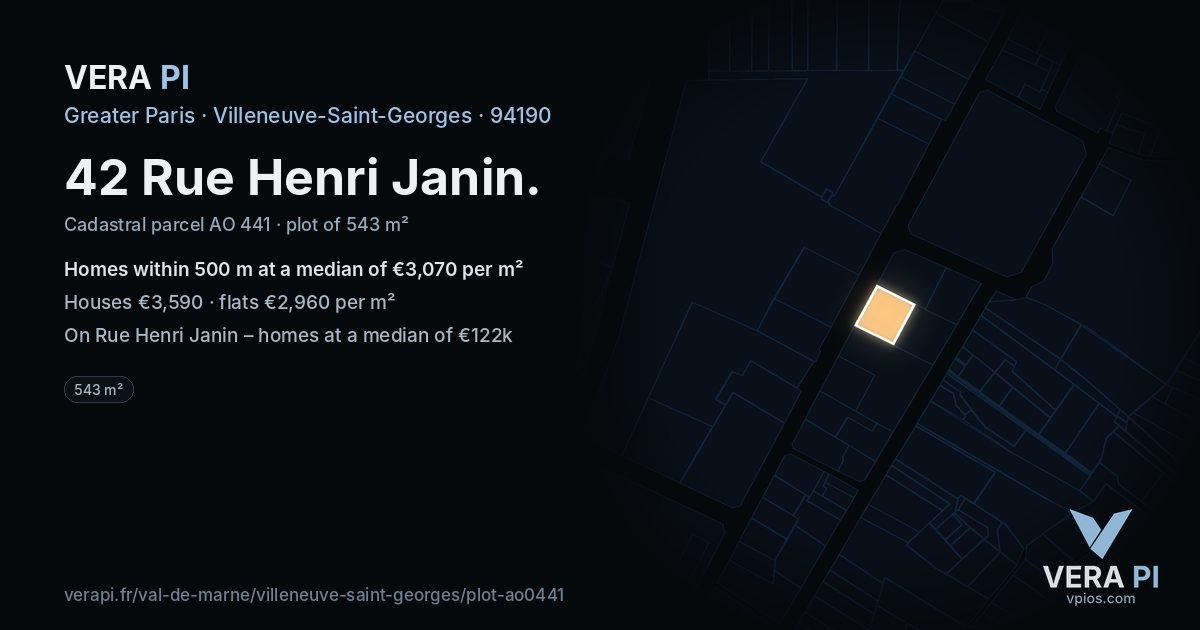42 Rue Henri Janin, Villeneuve-Saint-Georges at night – the plot lit, the parcels around coloured by the prices near them