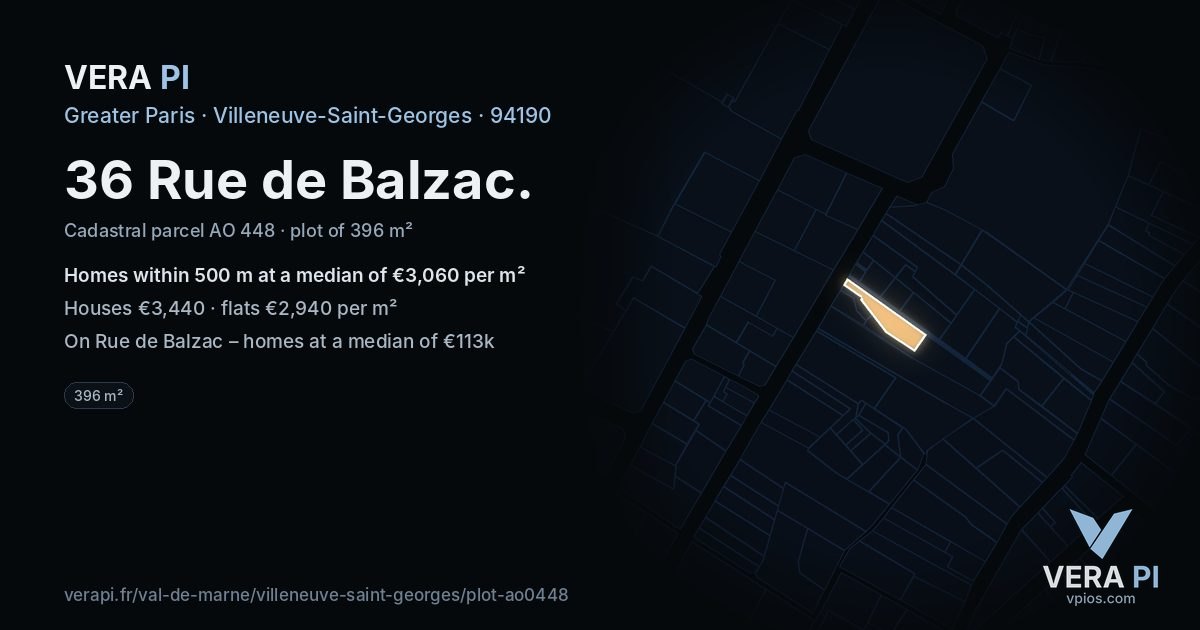 36 Rue de Balzac, Villeneuve-Saint-Georges at night – the plot lit, the parcels around coloured by the prices near them