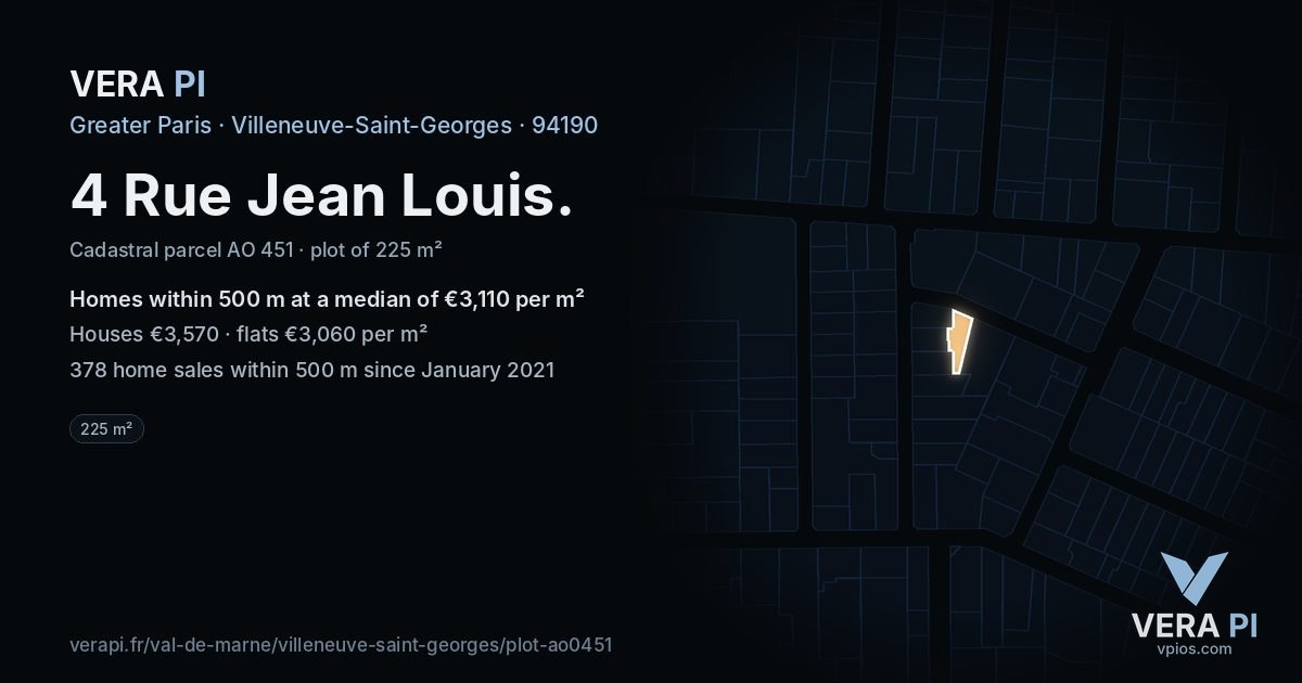 4 Rue Jean Louis, Villeneuve-Saint-Georges at night – the plot lit, the parcels around coloured by the prices near them